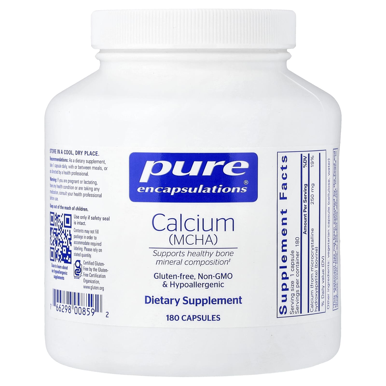 Pure Encapsulations, Calcium (MCHA), 180 Capsules UPC 766298008592 | Hilife Vitamins